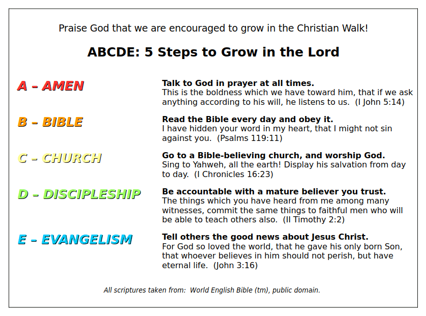 the five steps are Amen, Bible, Church, Discipleship, and Evangelism