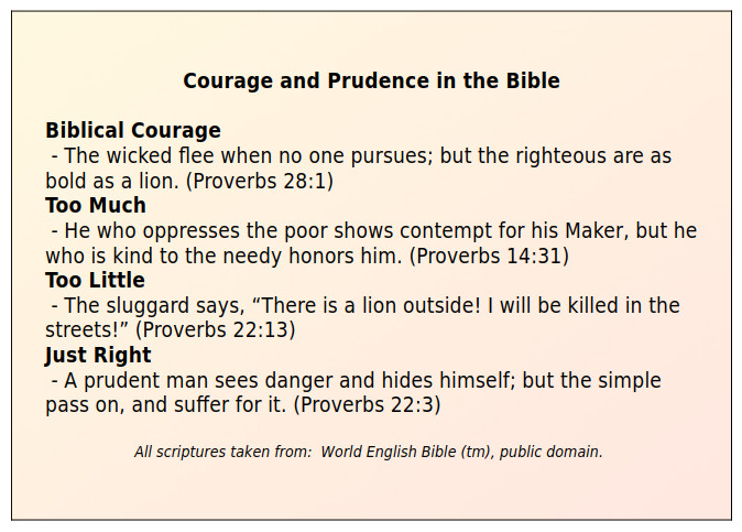 Courage and Prudence in the Bible, with a proverb for biblical courage, too much, too little, and just right