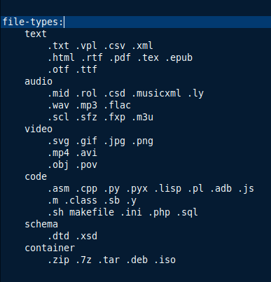 text, audio, video, code, schema, container